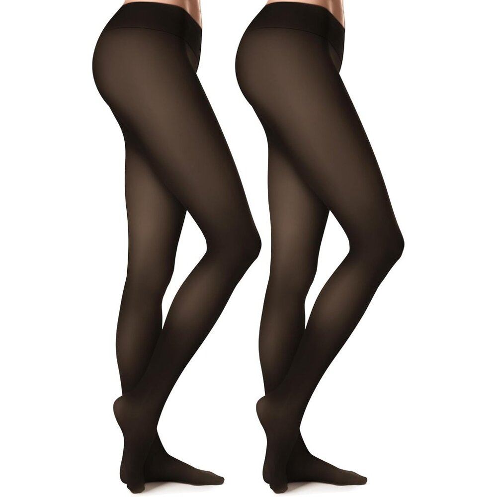Women Black 2 Pairs Fleece Lined Tights Ultra Warm Fake Sheer Pantyhose Leggings